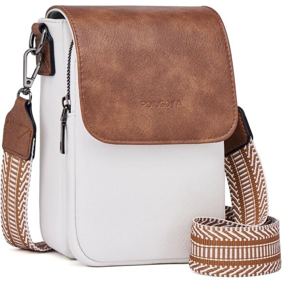 Handbags - Womens A- Beige+brown Leather Purses Imported Magnetic Snap Crossbody Zipper Bag
